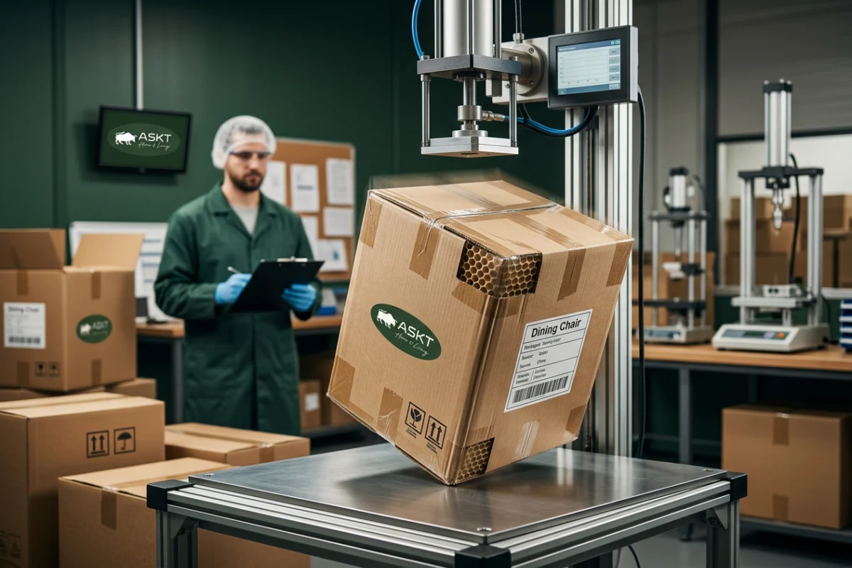 Quality control drop test on a packaged dining chair carton in a furniture factory