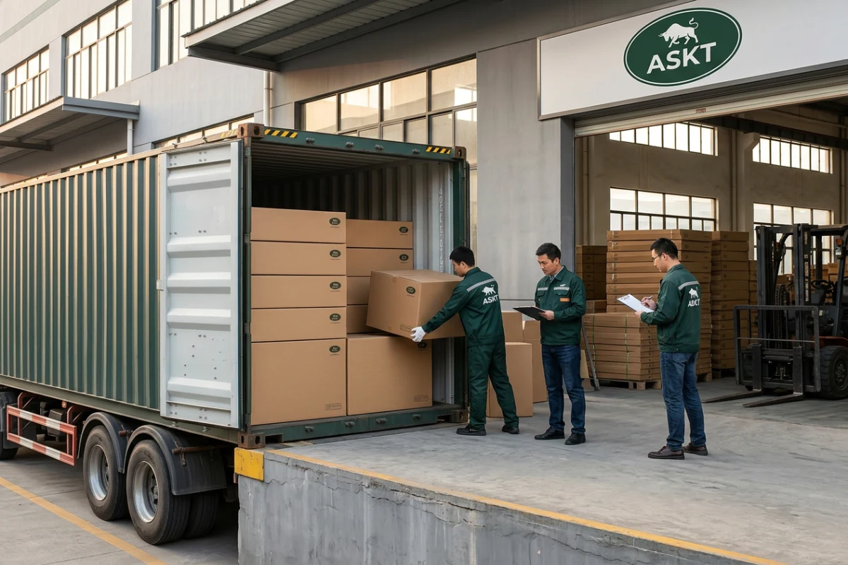 Loading flat-pack KD dining chair cartons into a 40ft High Cube shipping container
