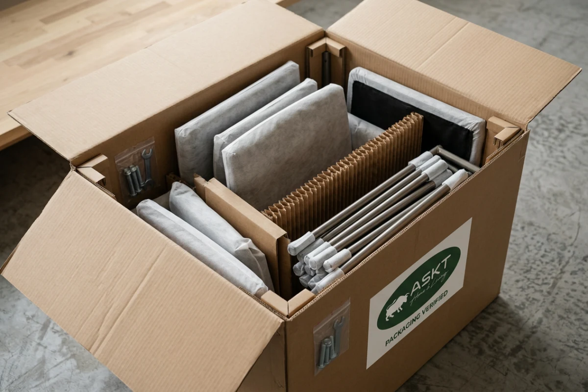 Internal packaging layout for KD dining chair featuring sustainable cushioning and protective wrapping
