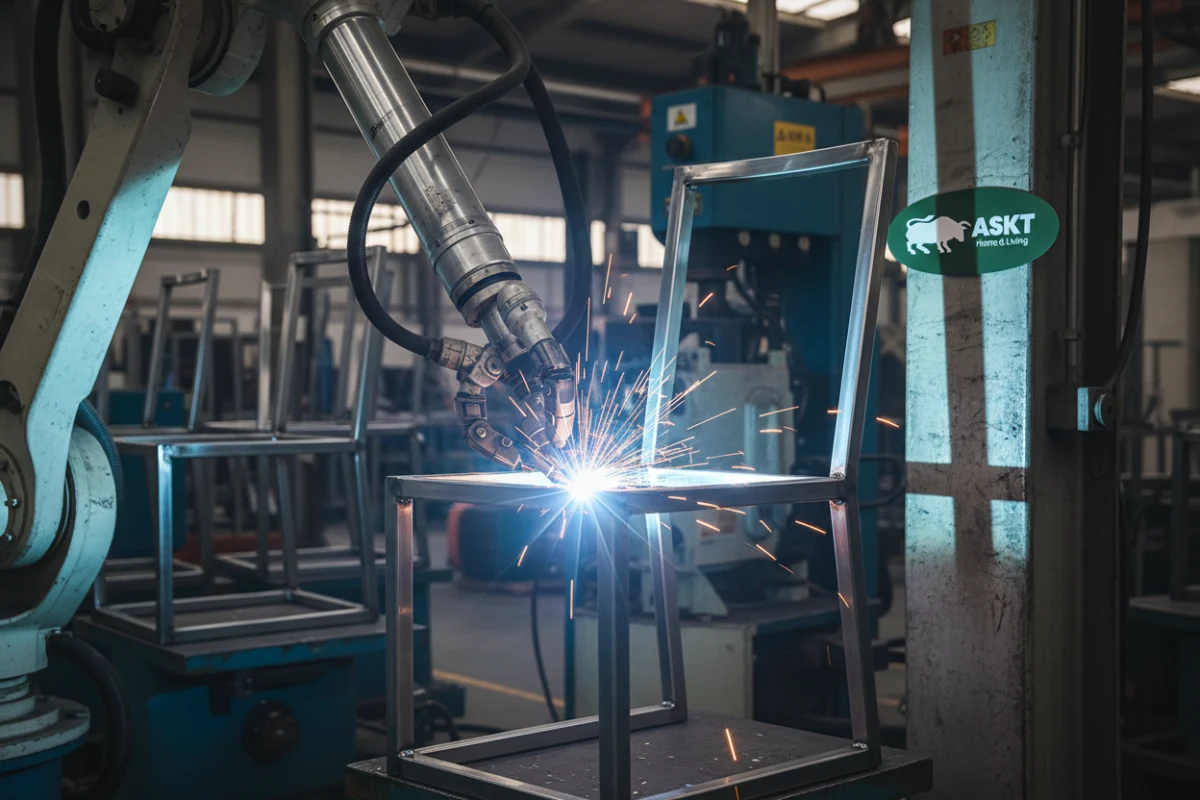 Automated welding robotic arm fabricating metal frames for contract grade dining chairs