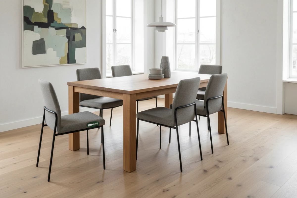 German consumer furniture trends showing minimalist dining chairs with metal frames around an oak dining table.
