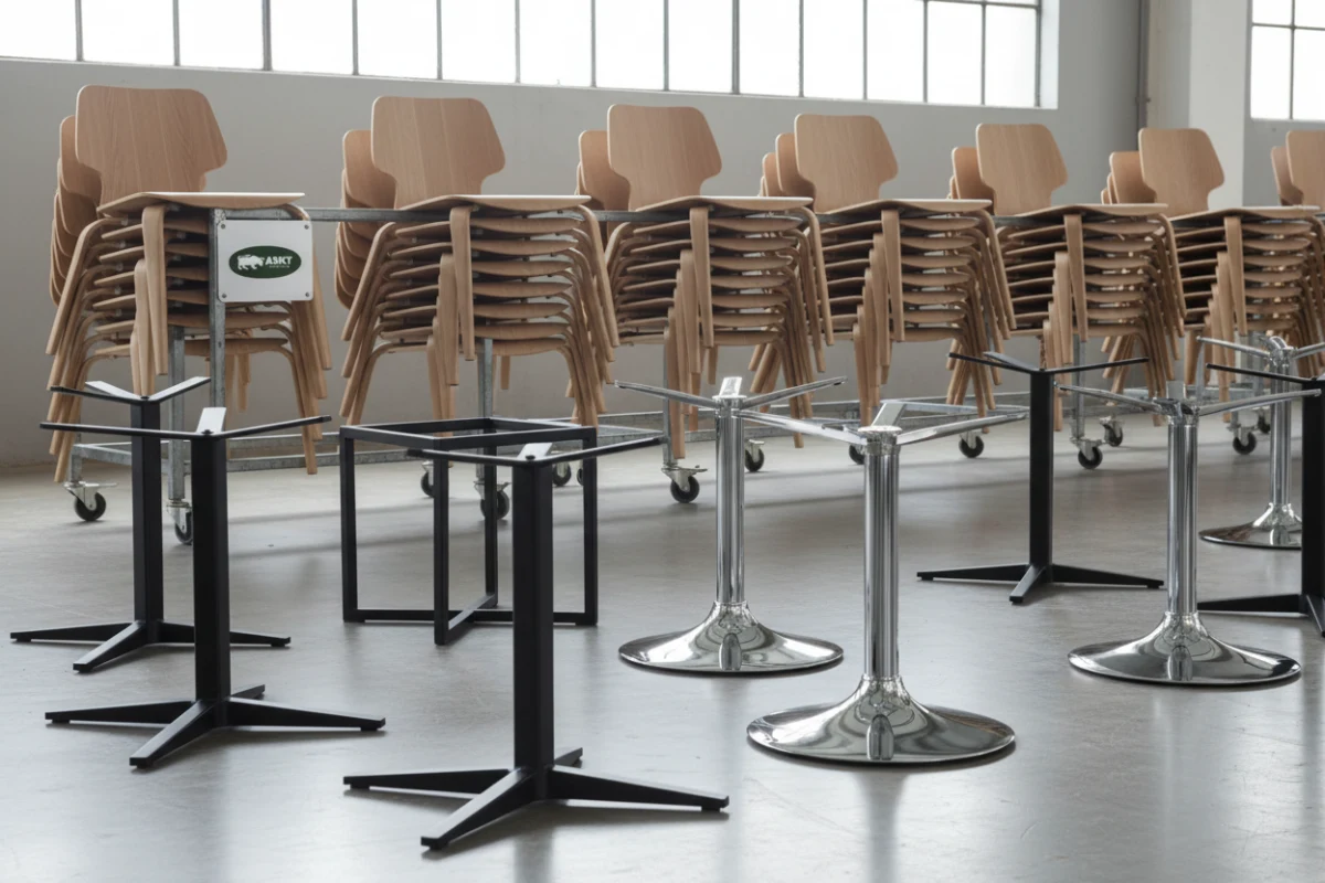 A modular dining chair production system with various seat shells and metal leg configurations.
