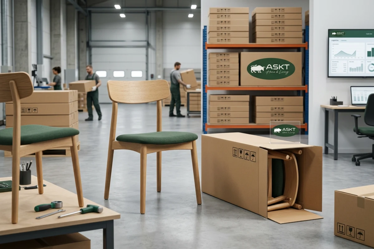 Knock-down KD dining chair packaging dimensions compared to assembled chair volume