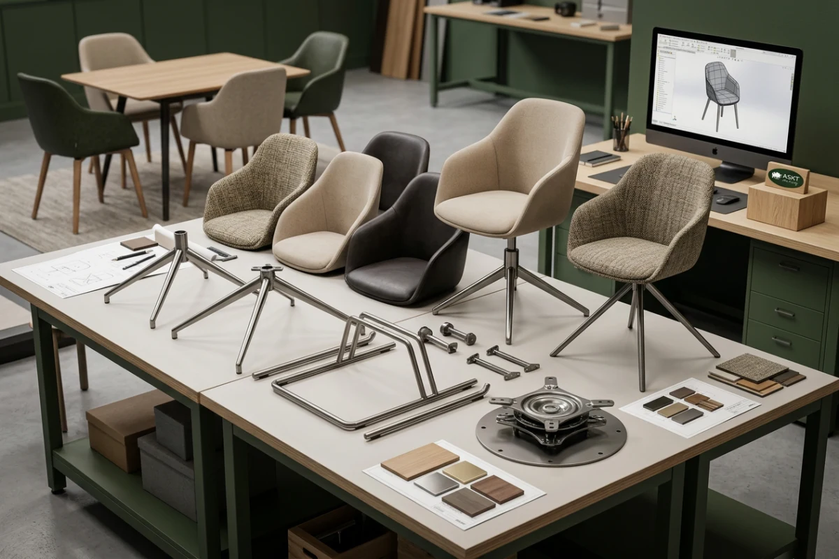Modular dining chair manufacturing diagram showing interchangeable seat shells and metal bases