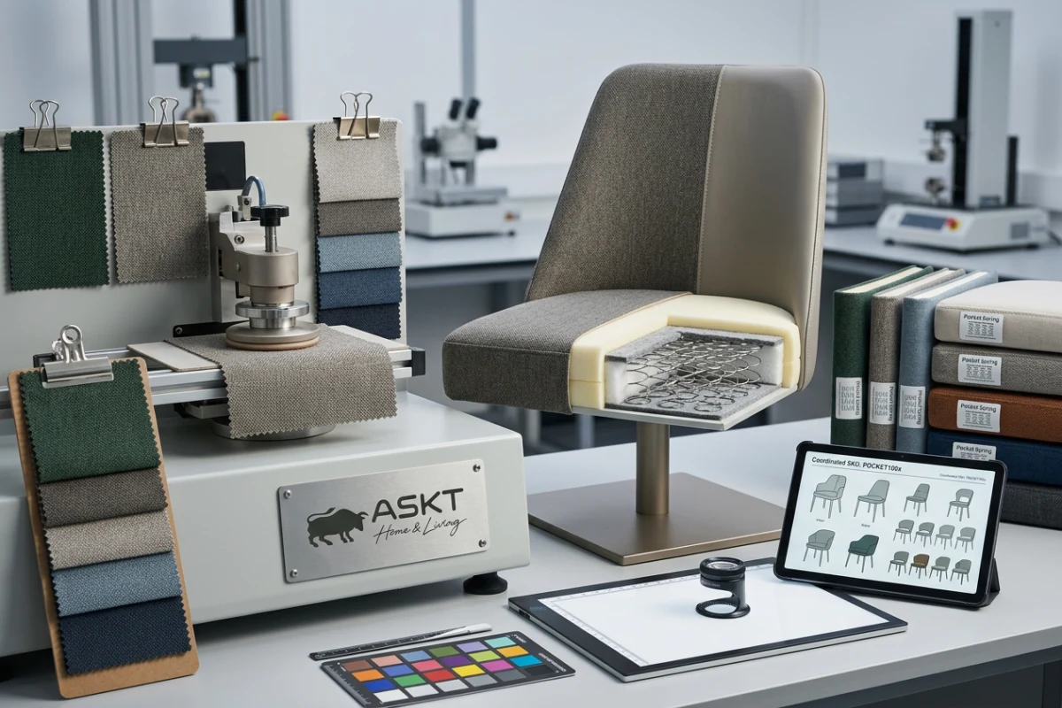 Performance fabric testing and pocket spring seat construction for commercial dining chairs