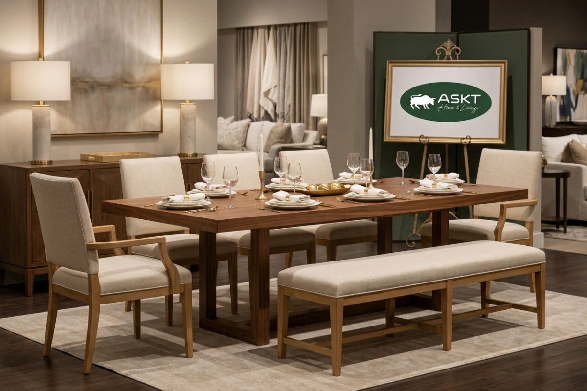 Modern retail dining furniture display featuring matching chairs, armchairs, and dining bench