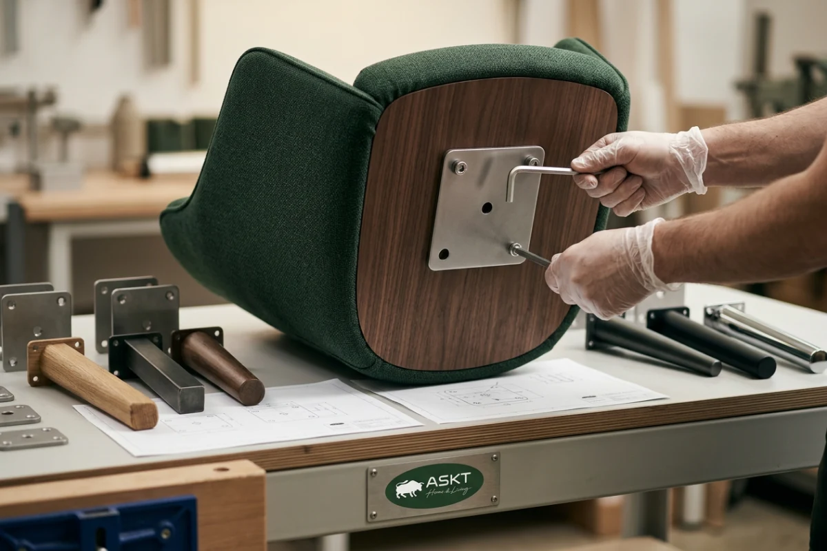 Standardized metal frame connection plate showing shared component furniture design.