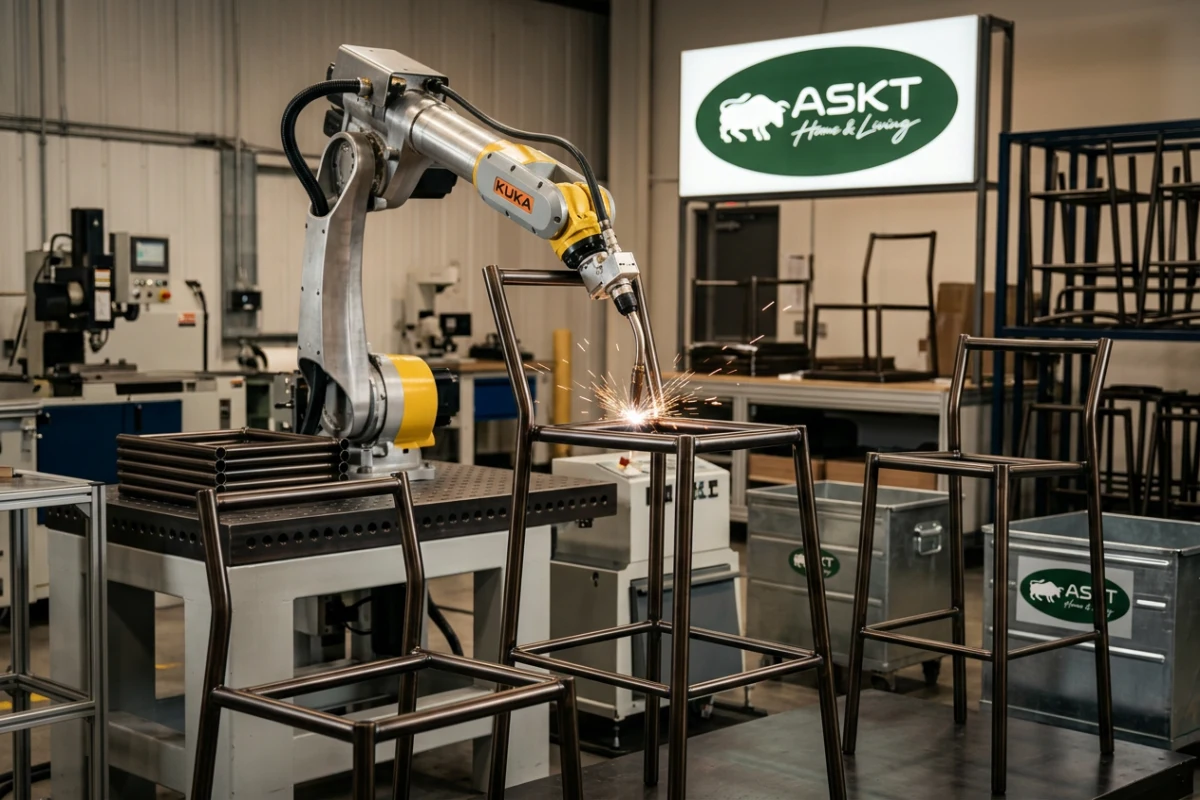 Robotic arm welding metal dining chair and bar stool frames for consistent quality.