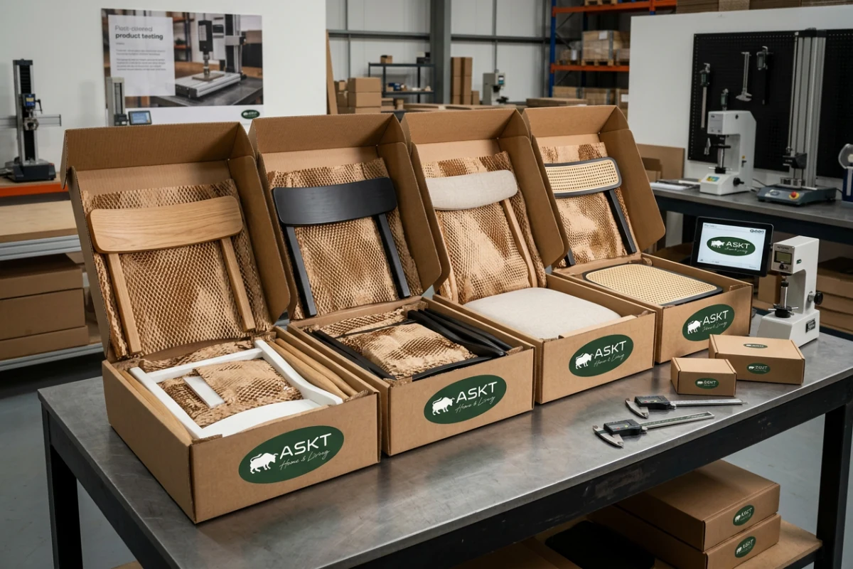 Eco-friendly knock-down KD furniture packaging with honeycomb paper protection for container loading.
