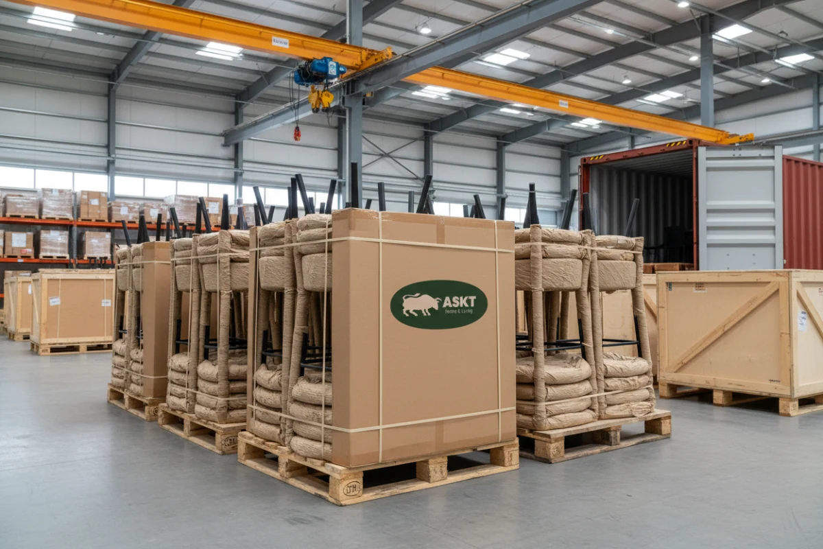 KD structured bar stools packed for efficient shipping and container loading.