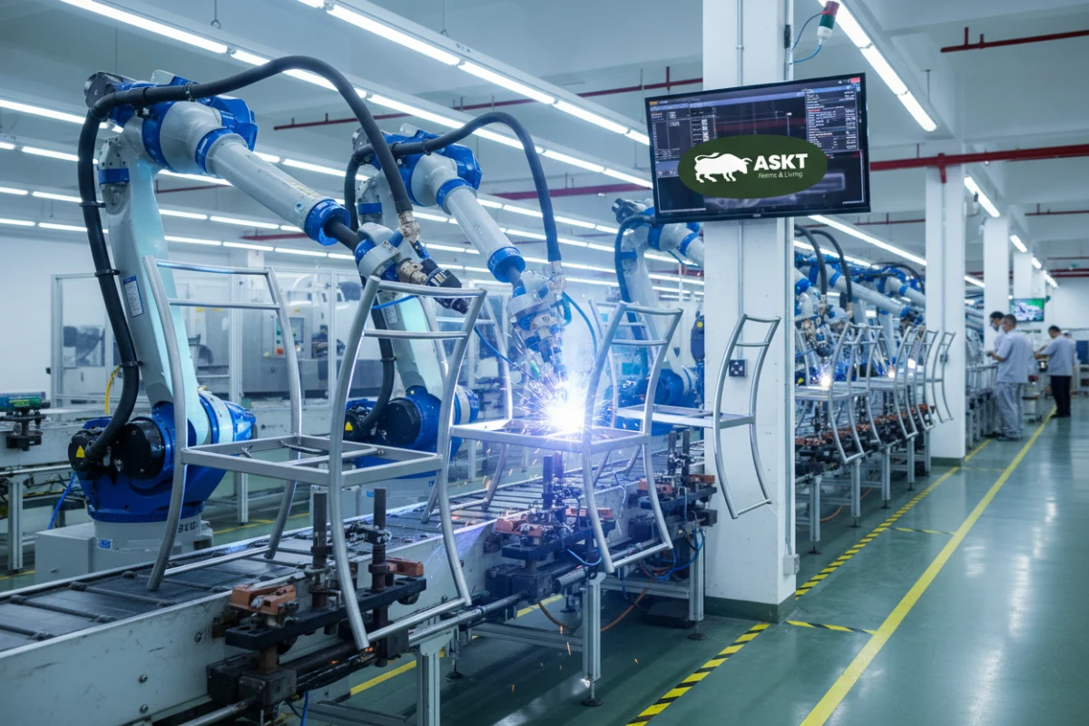 Automated precision welding machine fabricating a metal frame at a restaurant chair manufacturer China.