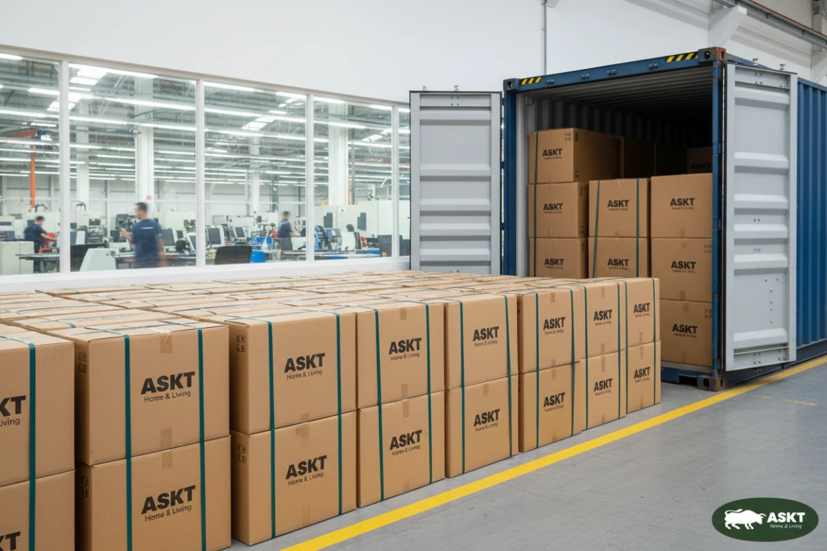 Flat-packed KD restaurant chairs in protective cartons ready for container loading by a contract furniture manufacturer.