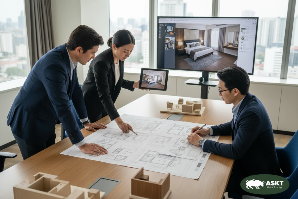 Sourcing team reviewing room-by-room technical specifications for a hospitality project.