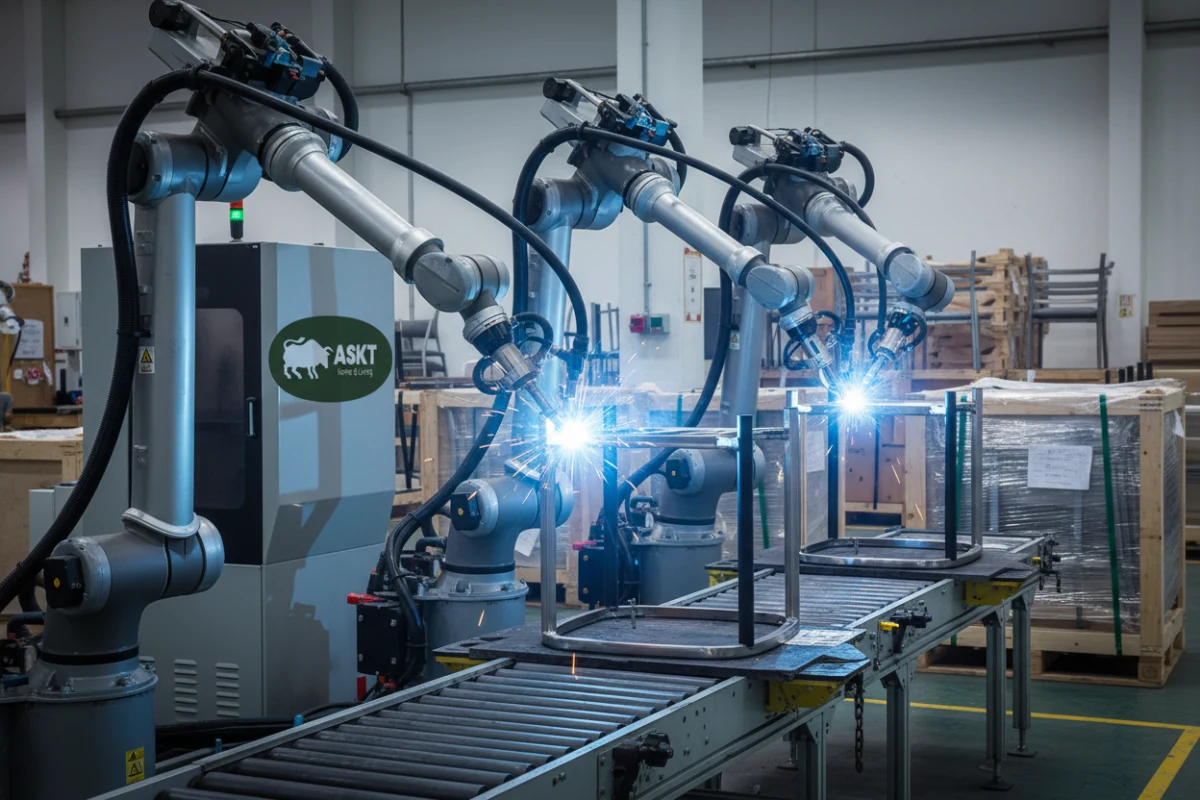 Robotic welding machine assembling a steel chair frame to ensure batch consistency.