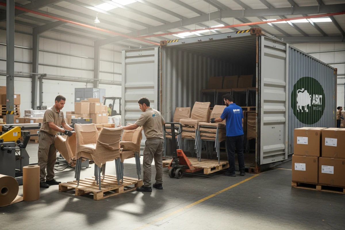 Workers packing furniture using sustainable honeycomb paper packaging for overseas shipping.