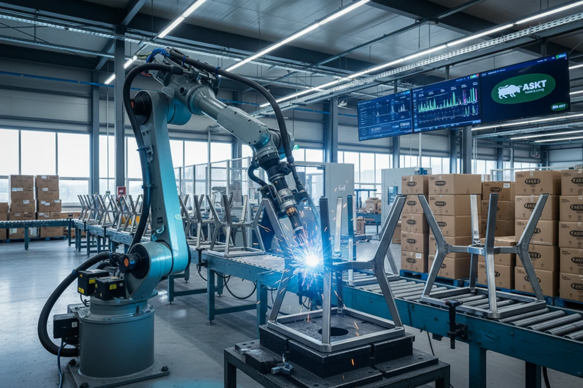 Precision robotic welding of a metal chair frame to ensure compliance with EN 12520 strength and durability standards.