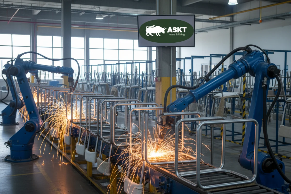 Automated metal frame welding process ensuring structural integrity for commercial contract dining chairs.