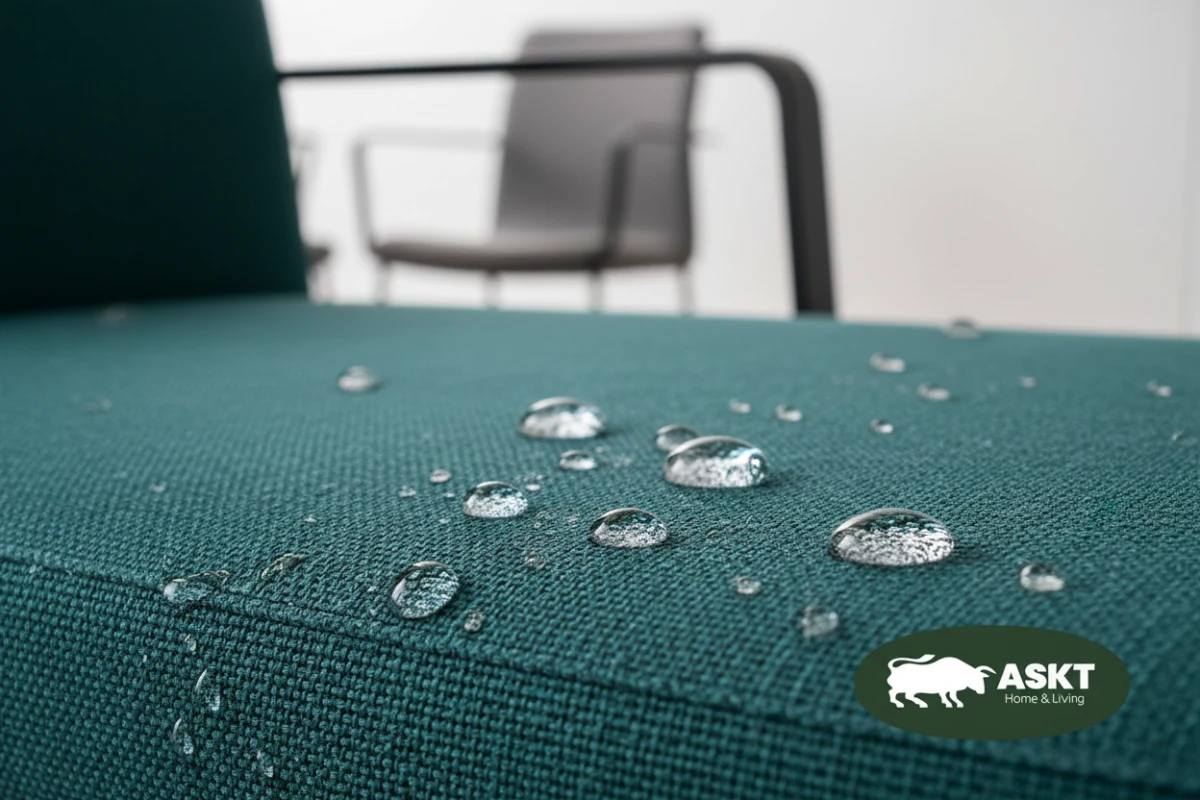 Close-up of liquid beading on water-resistant easy-clean restaurant chair fabric.
