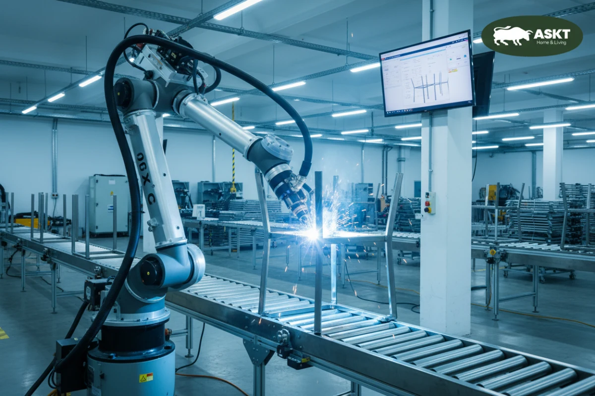 Automated welding robotic arm fabricating dining chair metal frames