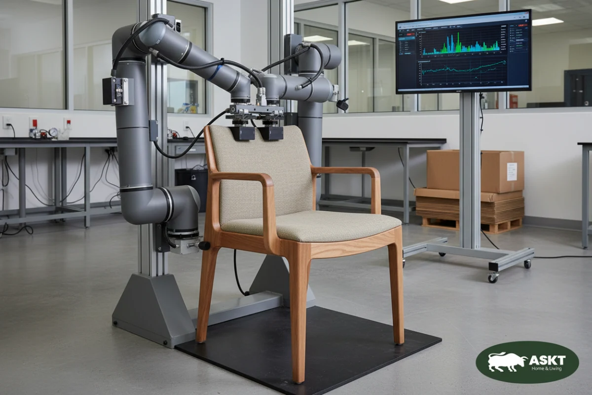 Contract dining chair undergoing strength testing in a professional furniture laboratory.
