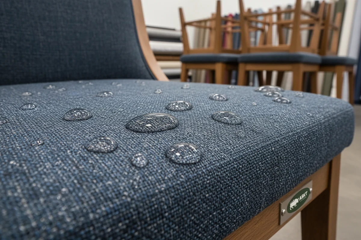 Close-up of waterproof and easy-clean performance fabric repelling liquid spills.