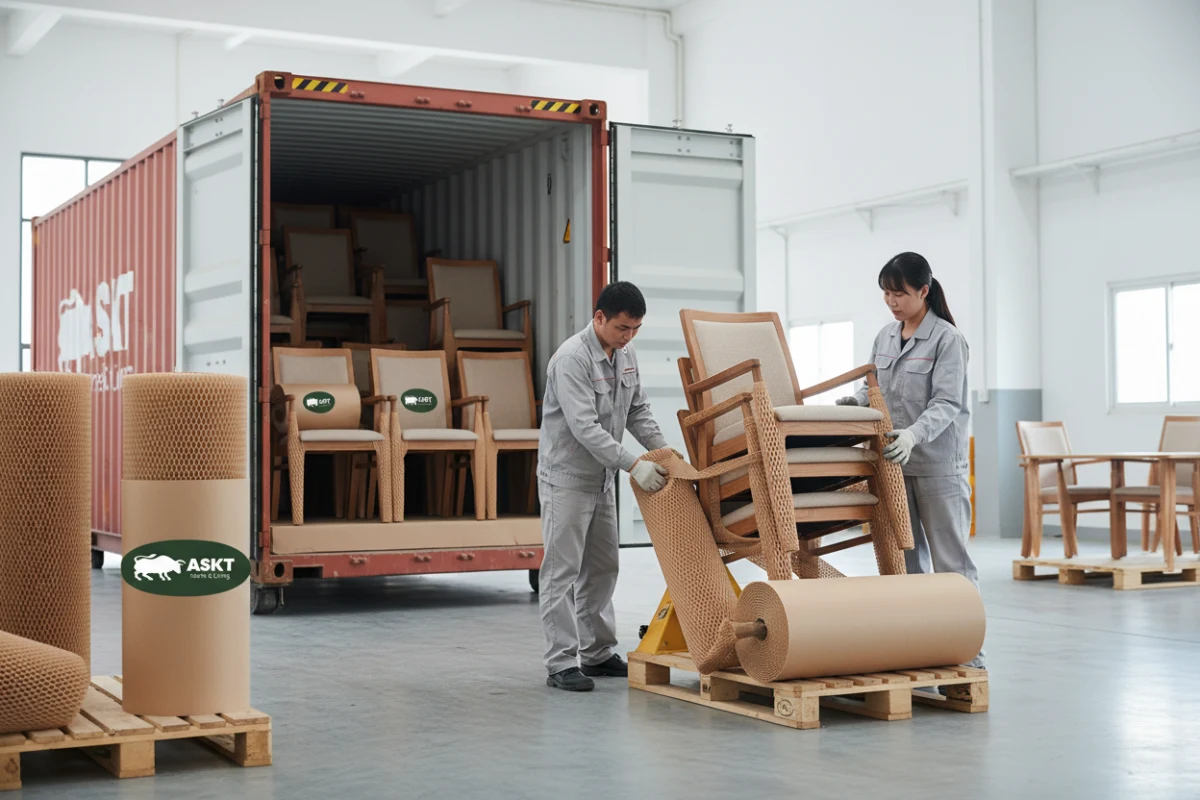 Workers packing contract dining chairs with sustainable honeycomb paper protection.