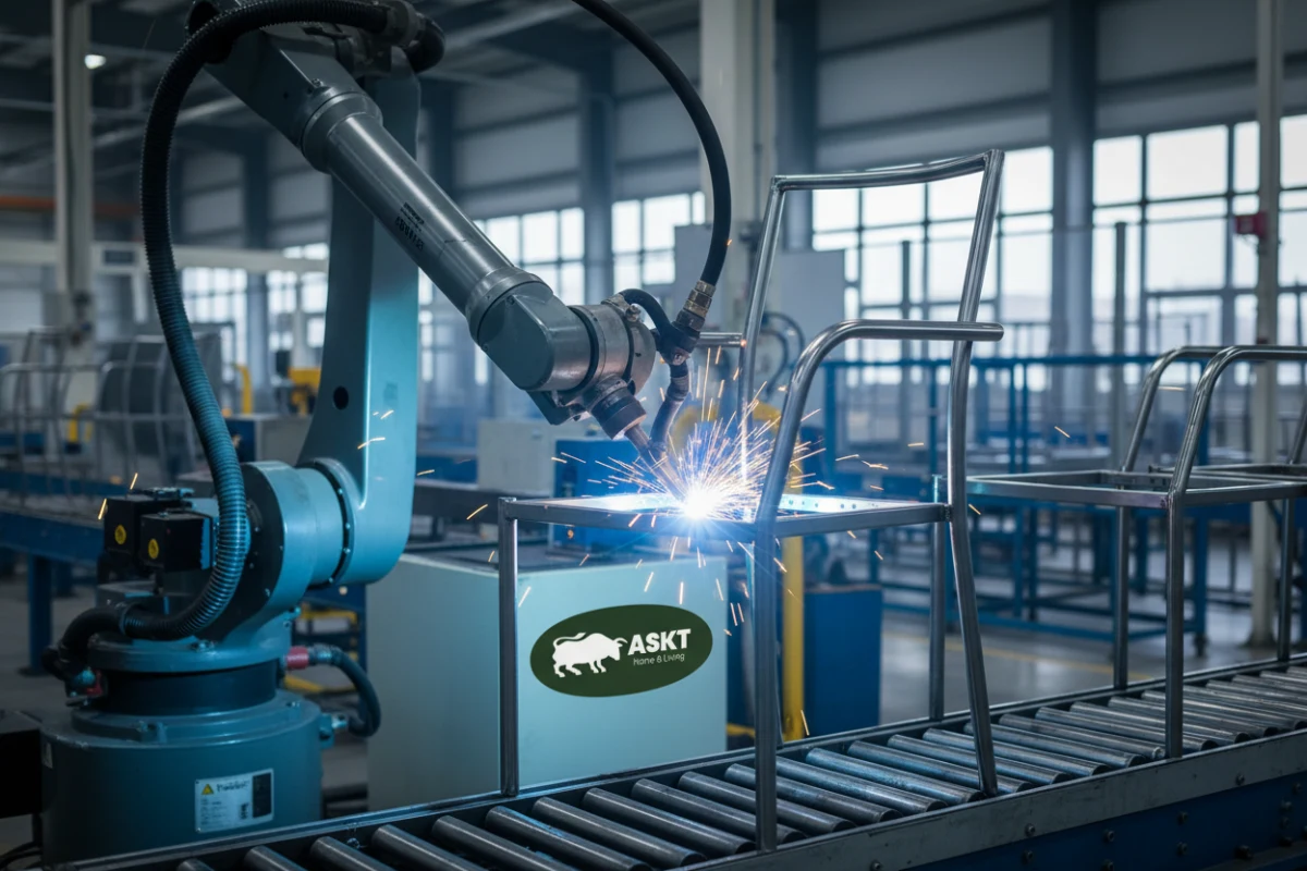 Automated robotic welding arm fabricating high-strength metal dining chair frames in a China factory.