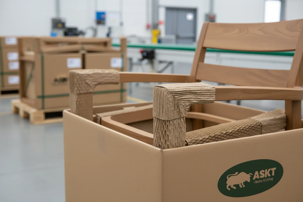 Sustainable honeycomb paper packaging for secure international shipping of contract dining chairs.