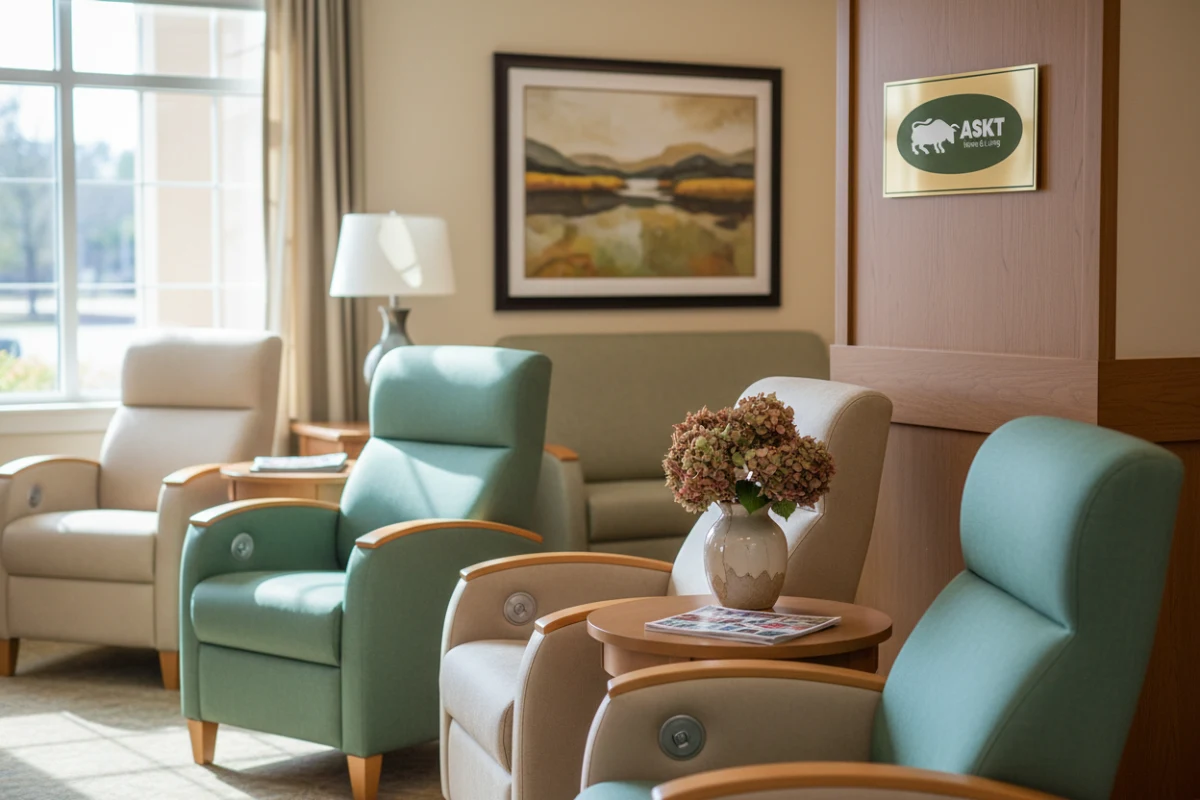 Modern healthcare lounge furniture in a common area of an assisted living facility.
