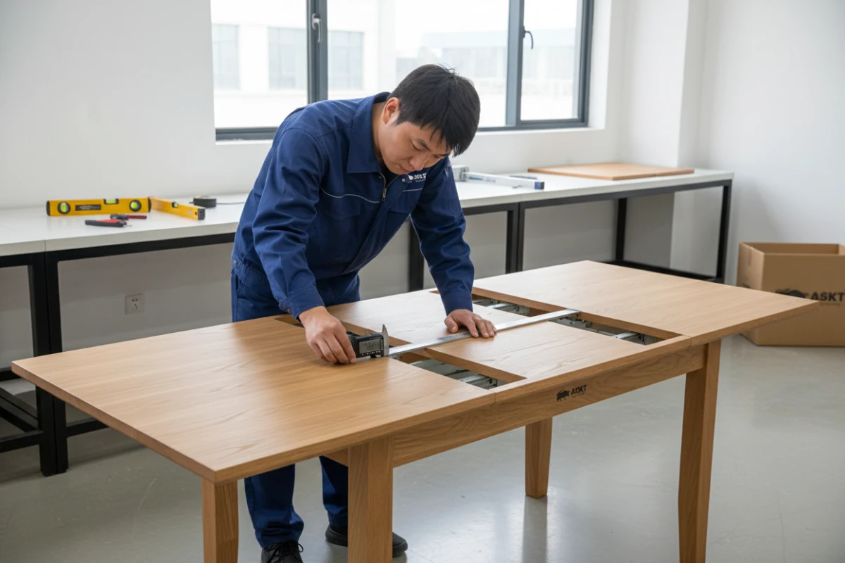 QC inspector using digital caliper to check panel gap on extended dining table