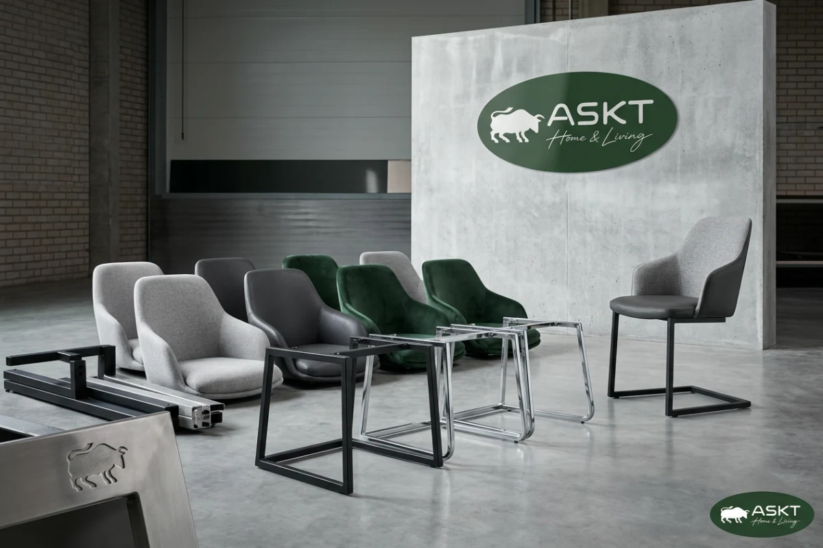Modular dining furniture system featuring interchangeable seat shells and knock-down metal leg bases