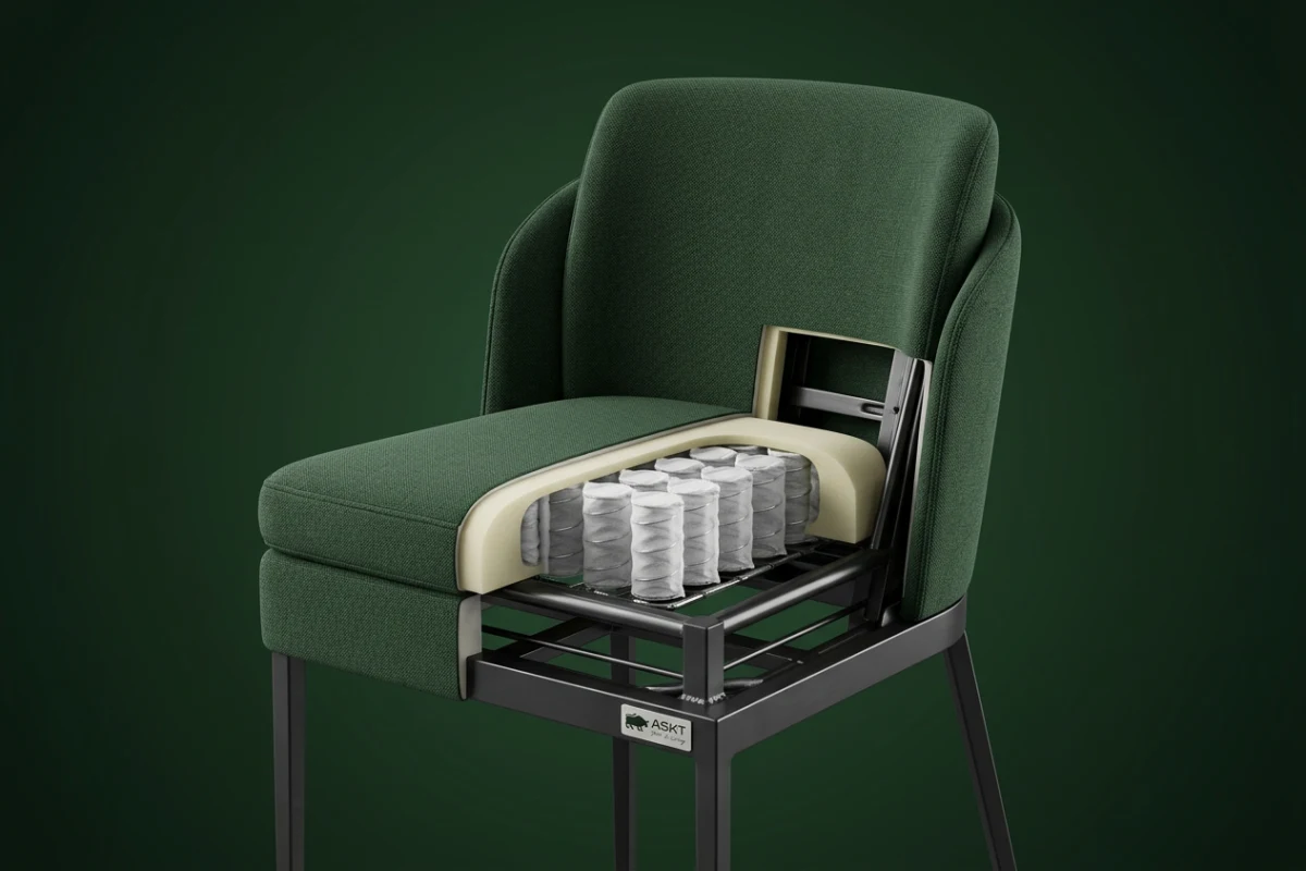 Internal pocket spring seating and metal frame structure of a compact dining chair.