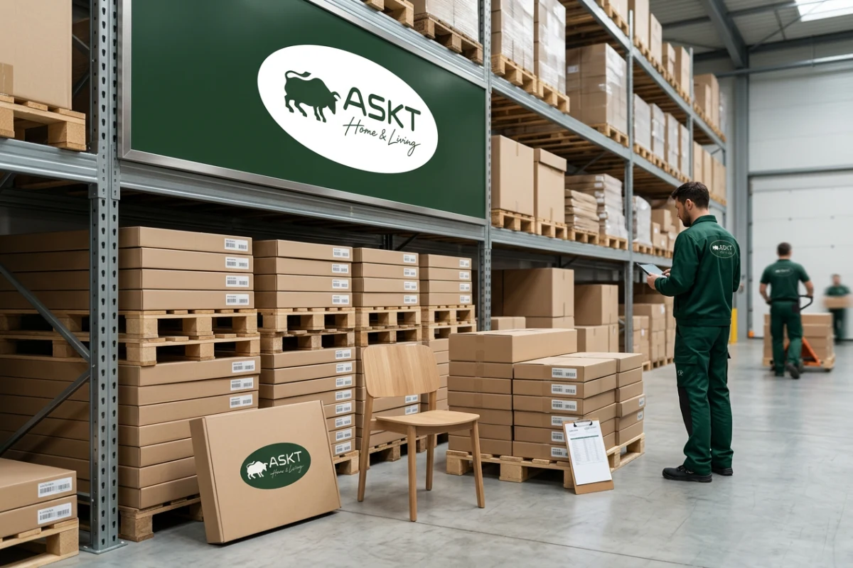 Knock-down modular furniture packaging stacked efficiently in a distribution warehouse.