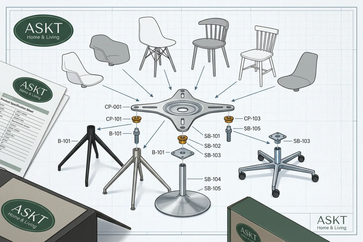 Technical diagram of a modular dining chair system with universal mounting plates and interchangeable components.