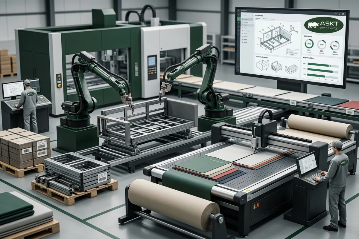 Automated robotic welding and precision manufacturing equipment producing standardized metal chair frames.