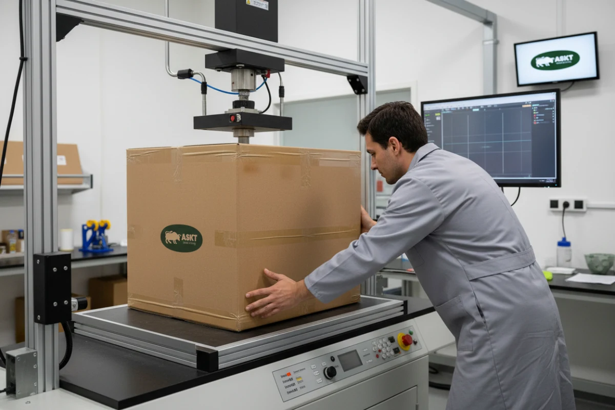 Drop testing of a zero plastic furniture packaging carton box.