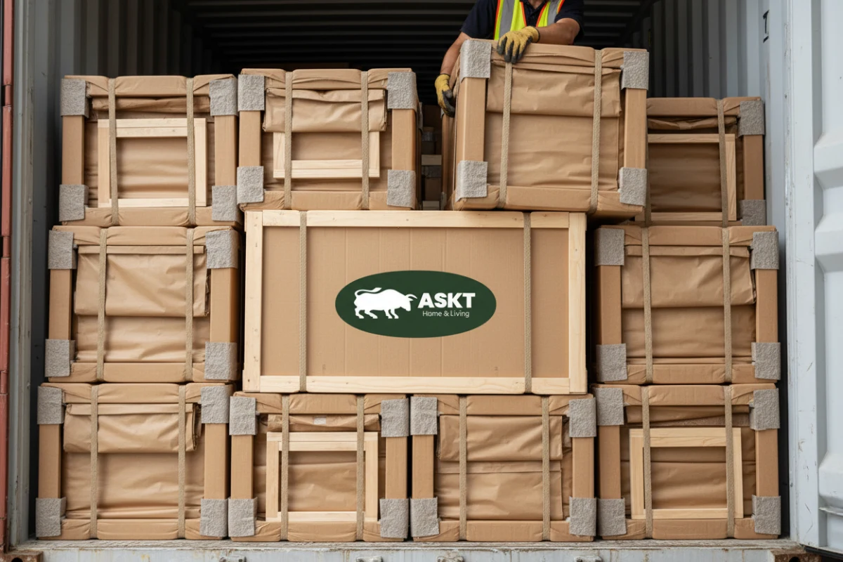 Flat-packed furniture stacked in a shipping container for high density loading.