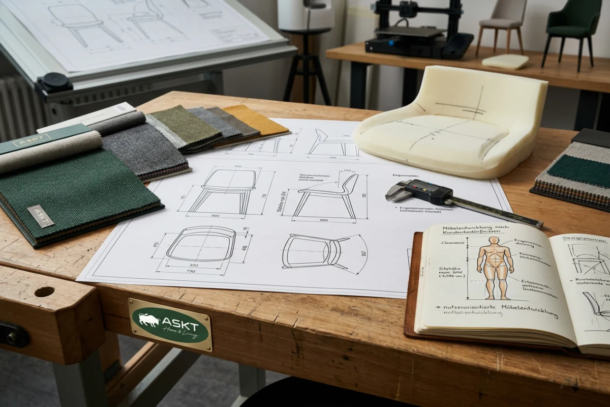 Technical design blueprint showing ergonomic dimensions and clearance for dining chair development