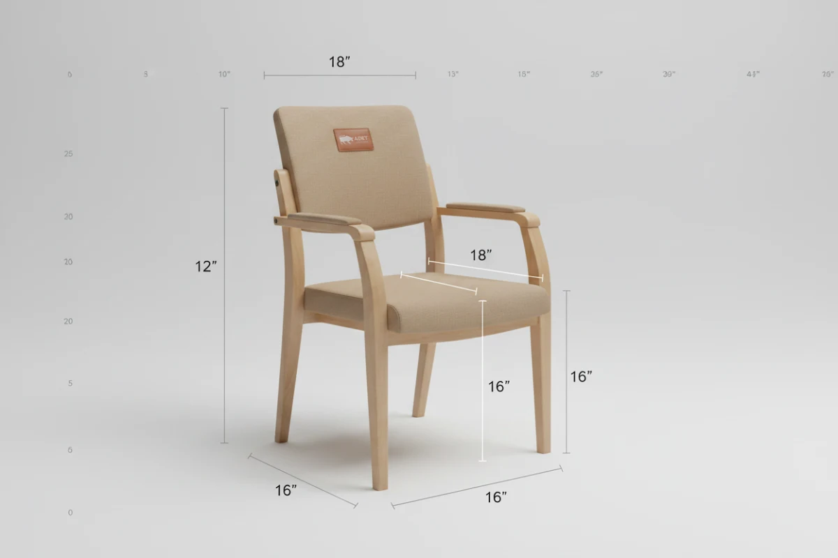Technical diagram showing the optimal ergonomic dimensions of a care home dining chair.