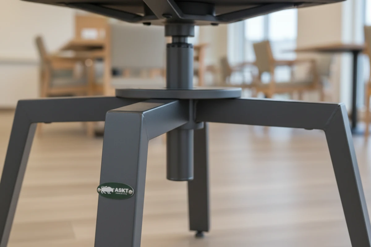 Close-up of a contract-grade auto-return swivel mechanism and metal frame weld.