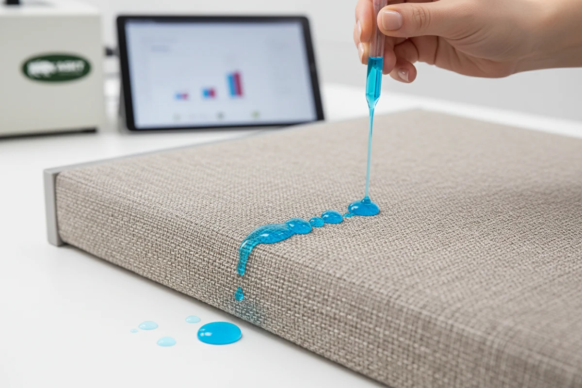 Water spill beading on highly breathable, stain-resistant performance fabric.