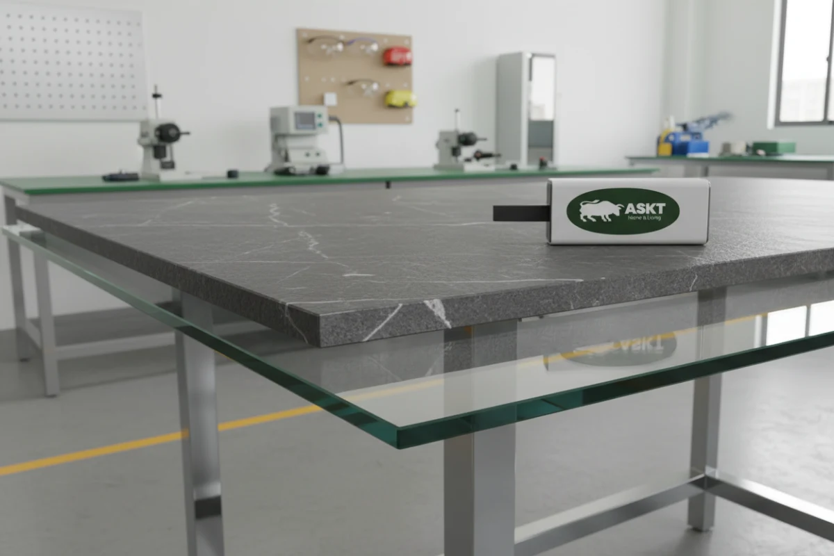 Technical cross-section diagram of a laminated sintered stone and tempered glass tabletop showing dining table OEM specifications.