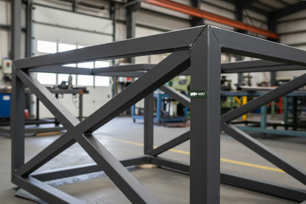 Heavy-duty steel support frame with welded cross-braces for a sintered stone dining table.