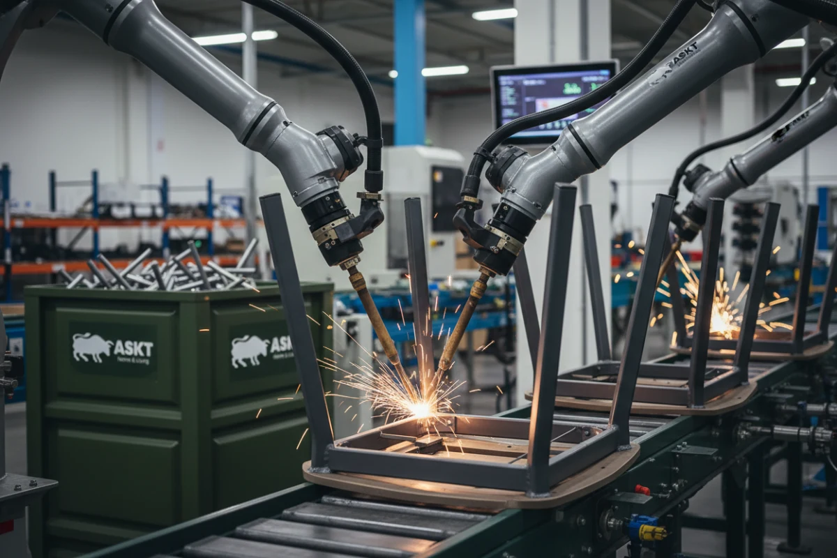Robotic welding arm crafting high-durability metal bases for dining furniture.