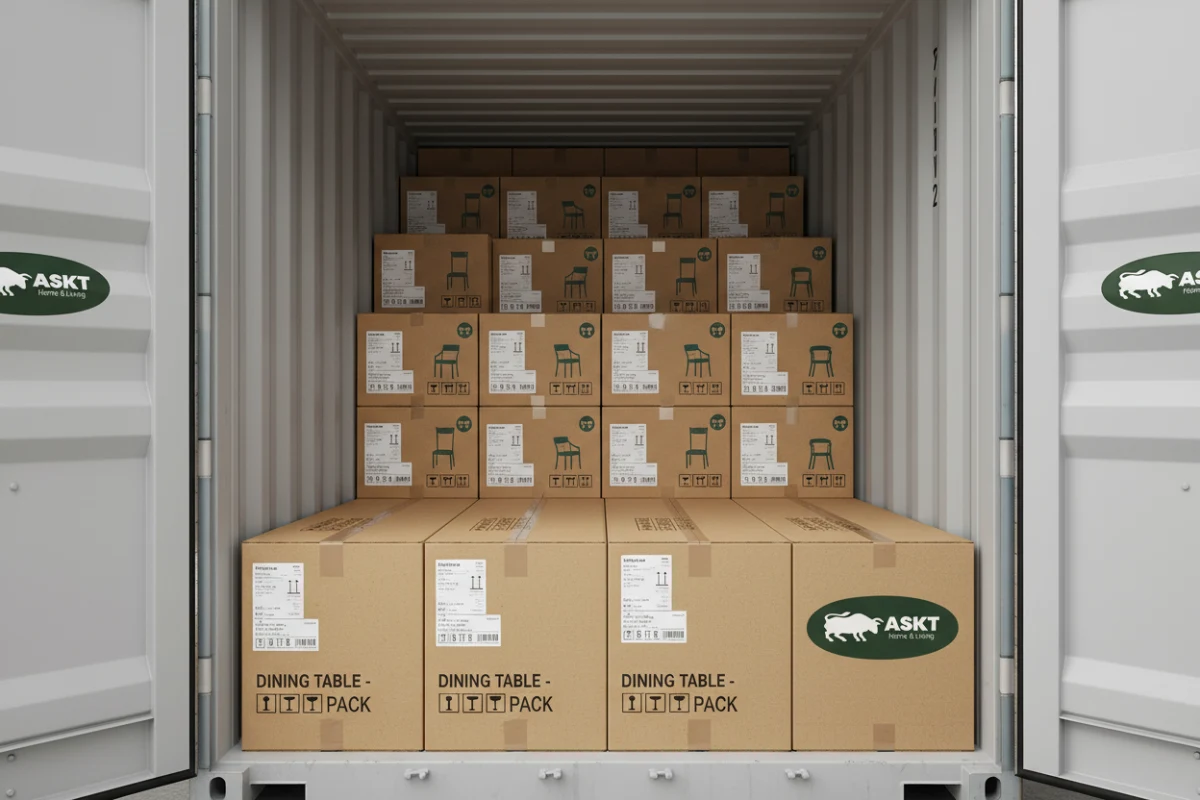 Optimized sea freight container loading with balanced dining tables and chairs from a dining chair and table supplier.
