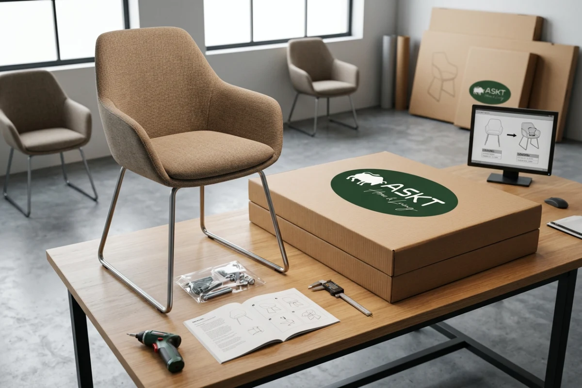 Knock-down dining chair packaging components and compact outer carton layout.