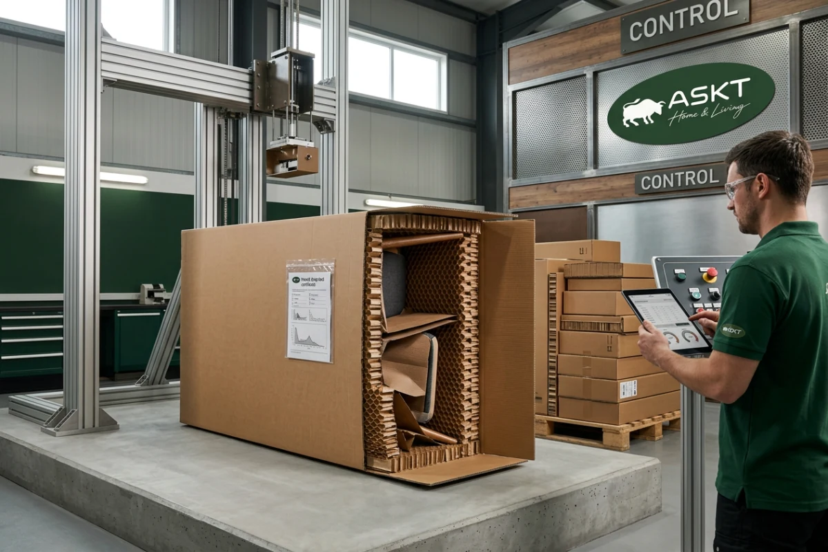 Drop testing and sustainable honeycomb paperboard packaging protection inside a furniture carton.