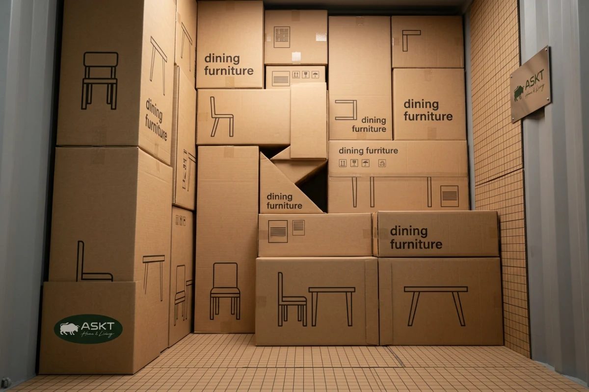 Interlocking furniture cartons arranged inside a shipping container for freight optimization.