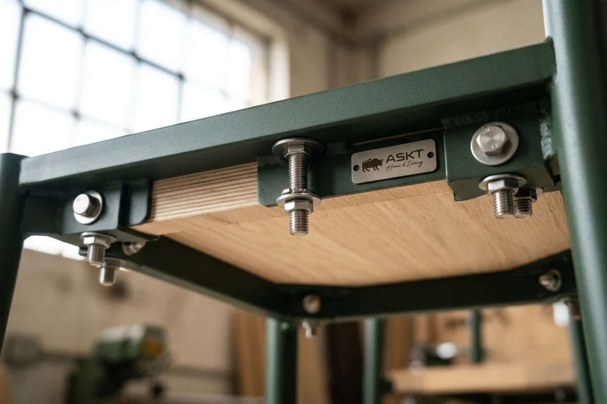 Close-up of durable KD furniture connection hardware and reinforced steel subframe