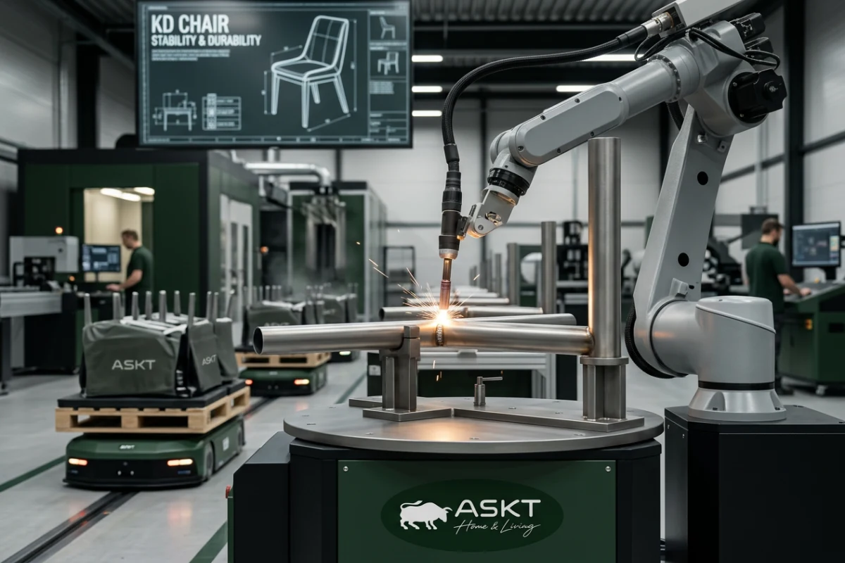 Automated robotic welding arm fabricating metal dining chair frames for KD assembly